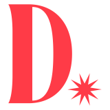 Red letter 'D' with a stylized starburst on a transparent background.